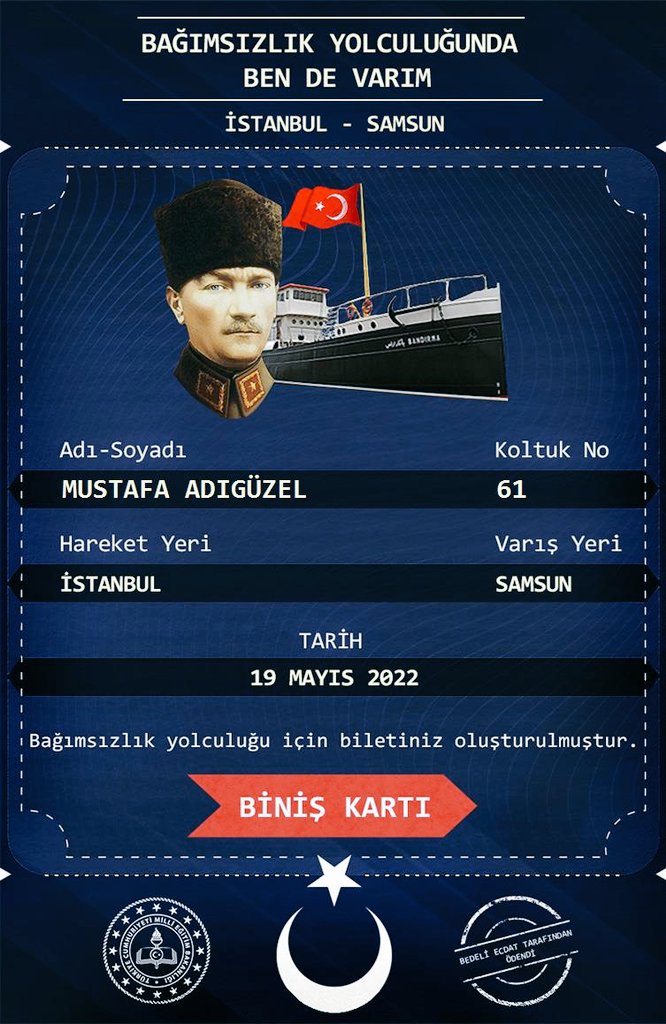 "Milletin bağrından temiz bir kuşak yetişiyor. Bu eseri ona bırakacağım ve gözüm arkamda kalmayacak!"

#19Mayıs1919