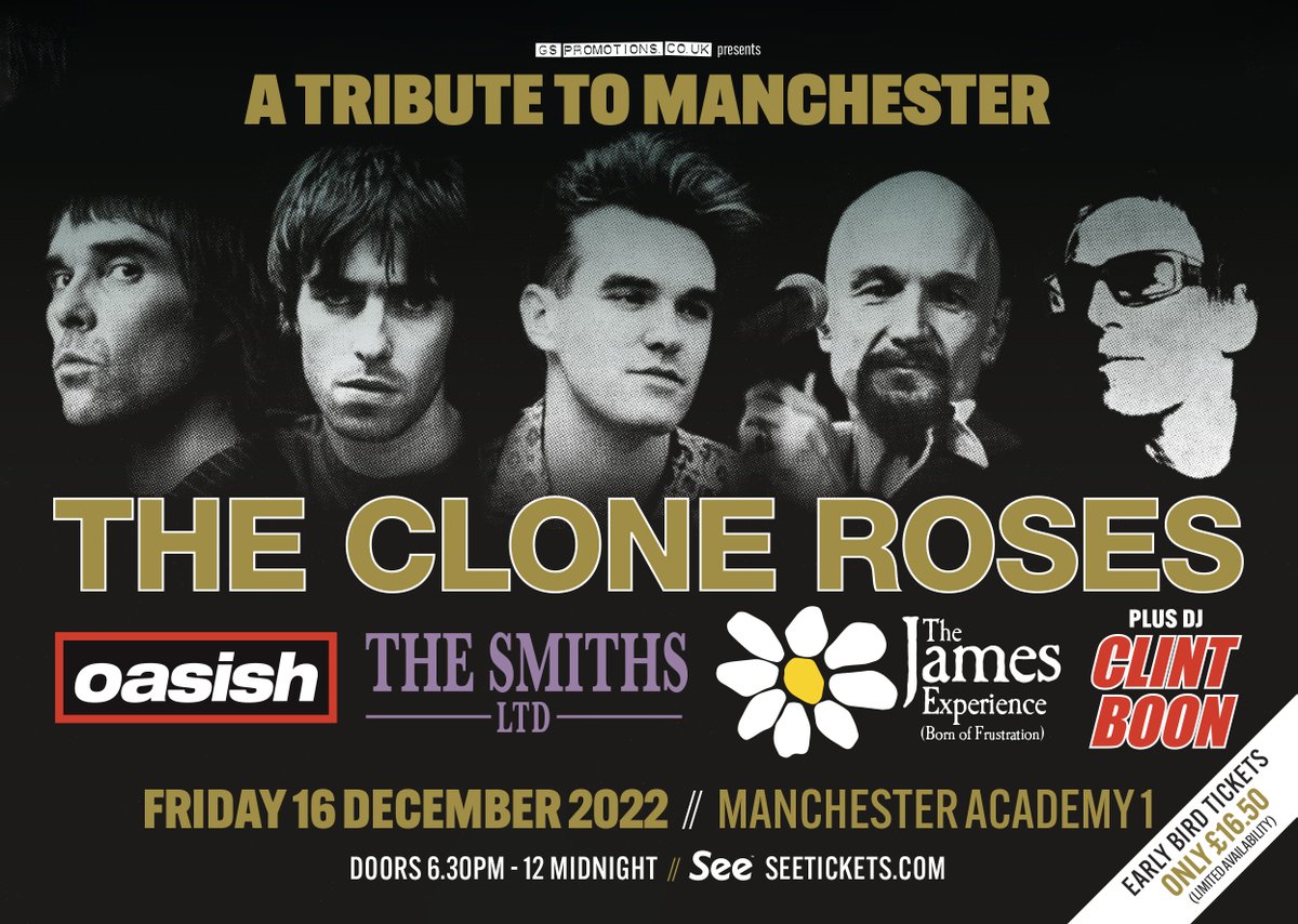 🚨RETWEET FOR A CHANCE TO WIN x2 VIP TICKETS *Comp ends May 26*

🍋MANCHESTER!! *We return to <a href="/MancAcademy/">Manchester Academy🐝</a> for our annual Crimbo 'TRIBUTE TO MANCHESTER'*🎅

🥁FEAT: <a href="/oasish/">Oasish</a>  // <a href="/thesmithsltd/">The Smiths Ltd</a>  // <a href="/FrustrationBorn/">Born of Frustration</a> &amp; DJ <a href="/therealboon/">Clint Boon</a> 

🗓 FRI 16 DEC 2022 
🎟 bit.ly/TCRMCR