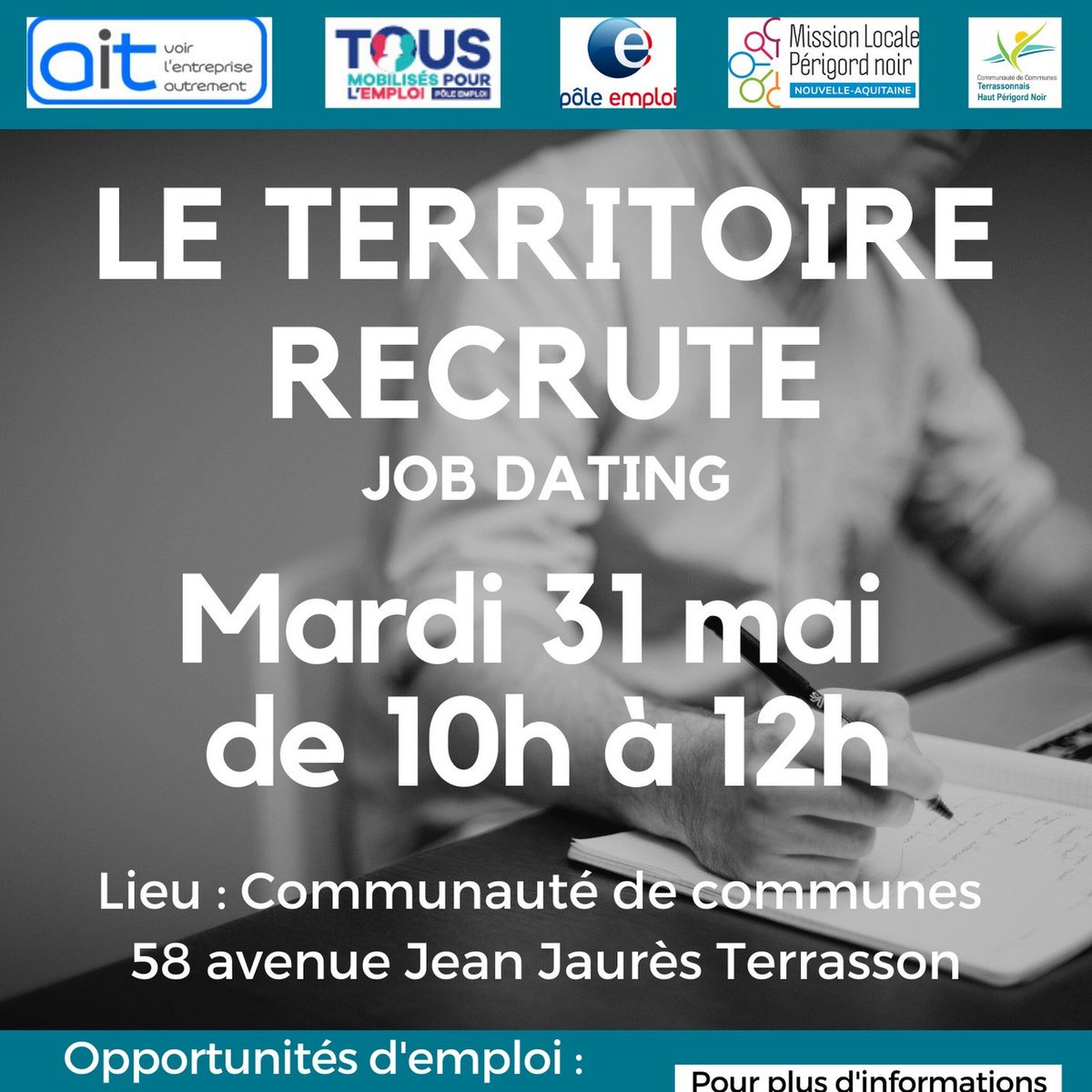 #emploi proche #Terrasson
#jobdating Mardi 31 mai

Plus d'info : 
Votre #Missionlocaleperigordnoir : 05 53 50 82 44
ou 06 26 82 22 51
<a href="/tallula_1/">elodielacoste</a> <a href="/ElodieLacoste/">Elodie Lacoste</a>