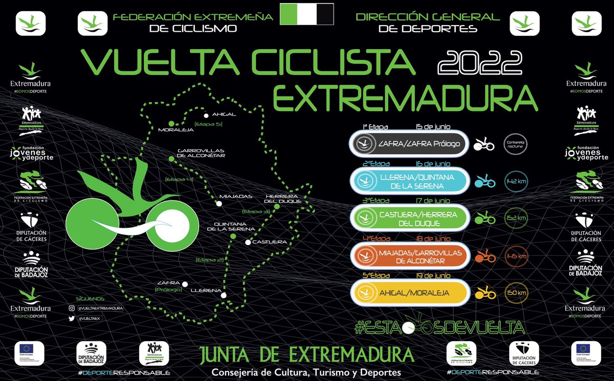 vuelta_ex's tweet image. 🚲Estas son las etapas de la @vueltaextremadura 
.
1ª etapa: CRE⏰(Zafra)
2ª etapa: Llerena - Quintana de La Serena (142 Km)
3ª etapa: Castuera - Herrera del Duque (152 Km)
4ª etapa: Miajadas - Garrovillas de Alconétar (145 kms)
5ª etapa: Ahigal - Moraleja (150 kms)
.
💚🤍🖤