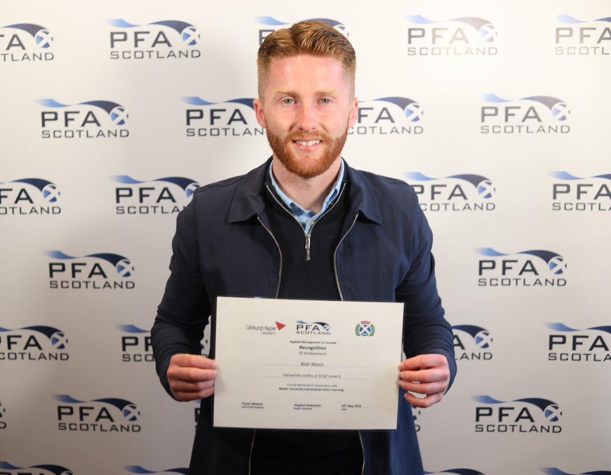 Blair Munn (@munney6) on Twitter photo Delighted to have completed my Applied Management in Football through <a href="/PFAScotland/">PFA Scotland</a> and <a href="/EdinburghNapier/">Edinburgh Napier University</a> Thanks to <a href="/WholeClubFrame/">Stevie Robertson</a> and all fellow students for a great course and learning opportunities.
Really enjoyable 8 months and looking forward to using the knowledge gained Delighted to have completed my Applied Management in Football through <a href="/PFAScotland/">PFA Scotland</a> and <a href="/EdinburghNapier/">Edinburgh Napier University</a> Thanks to <a href="/WholeClubFrame/">Stevie Robertson</a> and all fellow students for a great course and learning opportunities.
Really enjoyable 8 months and looking forward to using the knowledge gained