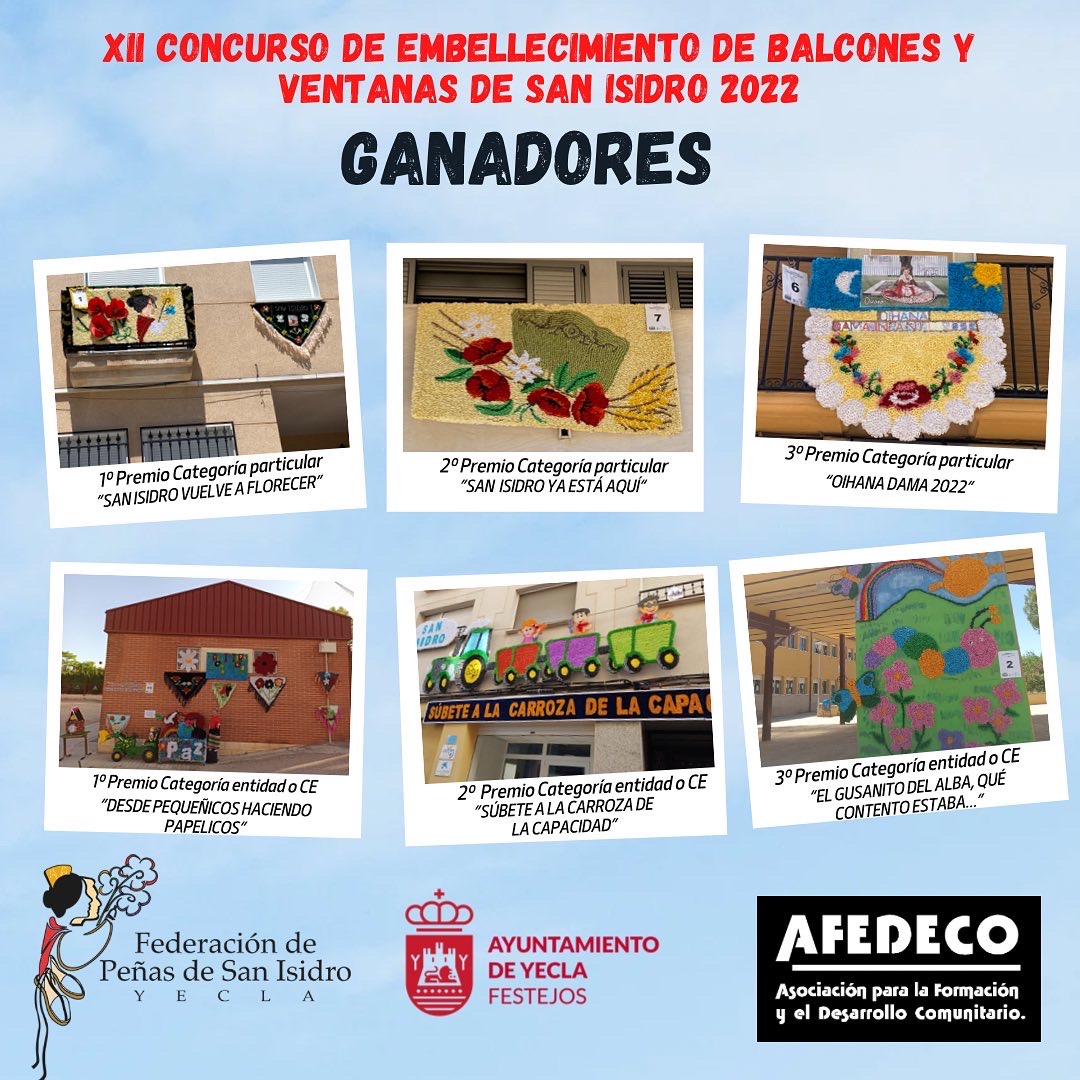 AytoYecla's tweet photo. Ganadores del XII concurso de embellecimiento de balcones y ventanas de San Isidro 2022 que organizamos desde AFEDECO con la colaboración de la Concejalía de Festejos del Ayuntamiento de Yecla y de la Federación de Peñas de San Isidro. https://t.co/RplsCS3oJ0
