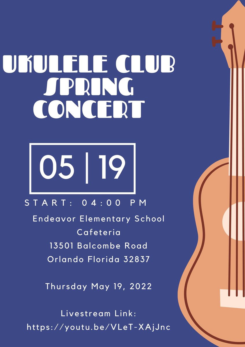 Christina Torrez- Music Teacher (@christinatucf) on Twitter photo Today is the day! Please join us at 4:00pm for our very first <a href="/EndeavorES_OCPS/">Endeavor Elementary OCPS</a> Spring Ukulele Club Concert in the cafeteria. These 5th graders will showcase all that they have learned this year. Livestream here: youtu.be/VLeT-XAjJnc #ocpsArts #ThePlaceForYou #music <a href="/SWLC_OCPS/">Southwest_OCPS</a> Today is the day! Please join us at 4:00pm for our very first <a href="/EndeavorES_OCPS/">Endeavor Elementary OCPS</a> Spring Ukulele Club Concert in the cafeteria. These 5th graders will showcase all that they have learned this year. Livestream here: youtu.be/VLeT-XAjJnc #ocpsArts #ThePlaceForYou #music <a href="/SWLC_OCPS/">Southwest_OCPS</a>