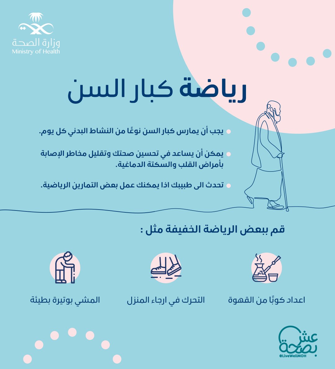 النشاط البدني لكبار السن مهم وضروري، حتى ولو كان تحضير كوب من القهوة!☕
️
#عش_بصحة