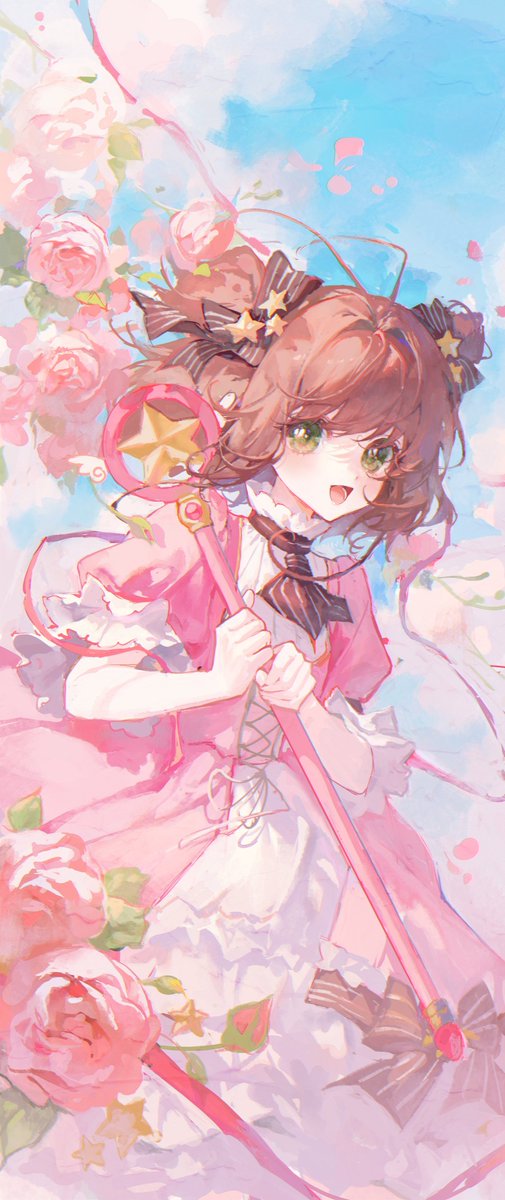 kinomoto sakura 1girl brown hair green eyes solo dress open mouth rose  illustration images