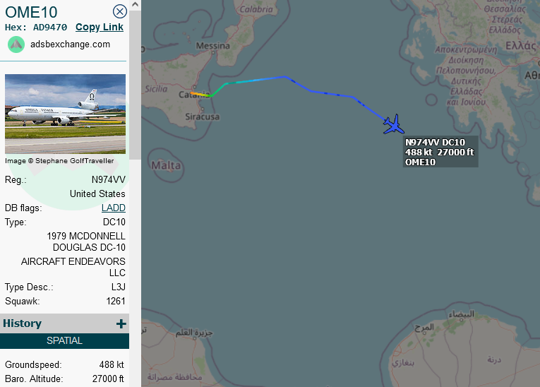 SirListenalot's tweet photo. #F18's #SaltyDog11 & 12 (F/A18E 165861 AD-103 VFA-106 and 165863 NH-411 VFA-25) seem to be airborne from #Sigonella, #Italy with refueler #DC10 #AD9470 as #OME10 (Omega10) heading east at FL270 https://t.co/6HDLaoON5V