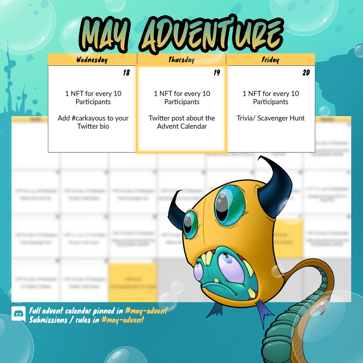 go4brando's tweet photo. The @carkayous advent calendar is up and another chance to win free NFTs today! Join us with @jessesmithart's Invasion of the Feral Fish June 14th on @EbisusBay! #PsilofishResearchGroup #carkayous https://t.co/RIxPkV7Ohi