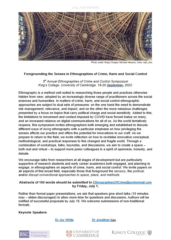🚨🚨🚨🚨
Call for abstracts

If you're in #Anthropology, #Scoiology, #Criminology, or #SocioLegalStudies (especially #PhD and #ECRs) and do, or are interested in, #ethnography on #crime, #Harm, or #SocialControl see this: 

5th Annual Ethnographies of Crime &amp; Control Symposium