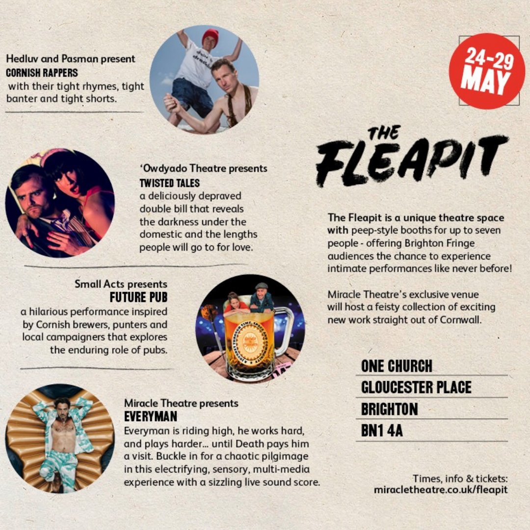 MiracleTheatre's tweet photo. Join us at @BrightonFringe for a Cornish performance showcase! Our exclusive space #TheFleapit is hosting a feisty collection of compelling new work straight out of #Kernow from 24-29 May. With @CornishRappers @OwdyadoTheatre &amp; #SmallActs joining us!
https://t.co/ts3PQ5md2I https://t.co/nCuDeozBWs
