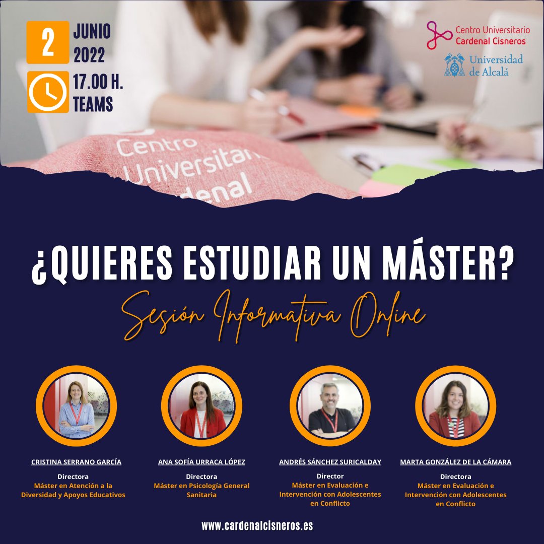 cucc_educacion's tweet photo. 🧑🏻‍🎓 ¿Quieres estudiar un #MásterUniversitario para completar tu formación?

💻 Apúntate a la Sesión Informativa #Online del próximo 2 de junio a las 17.00 h. con la presencia de los Directores/as de los estudios de #Máster del #CUCC.

ℹ️ https://t.co/fRLEF2GDqG

#Postgrado #UAH https://t.co/onC3mFv7jV