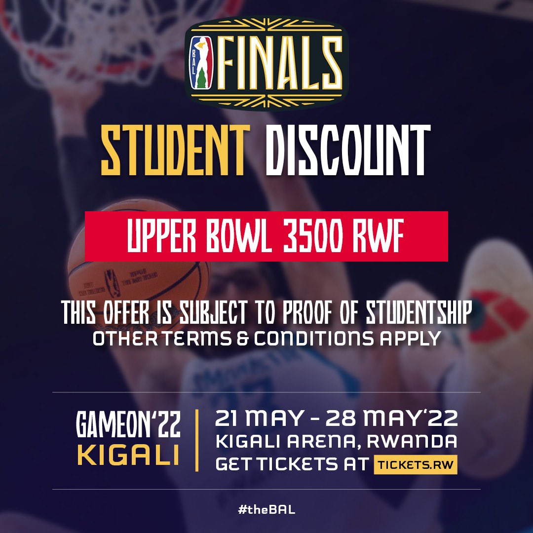 bkarenarw's tweet photo. Are you a student? You are in luck because the upper bowl tickets are still on sale with a whopping discount!
Grab yours TODAY before they are over 😉
#Game22 #Road2BAL #BAL22 #VisitRwanda https://t.co/2sSG1wvSza