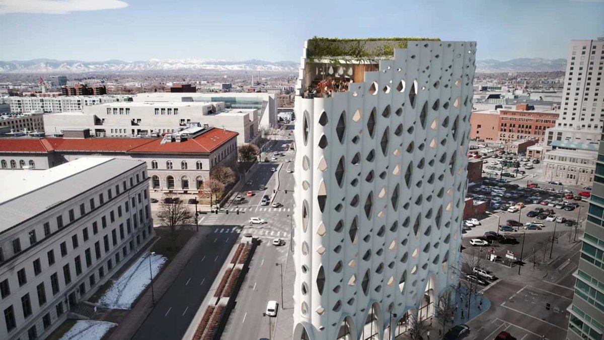 TimOnK105's tweet photo. A big #HiFive to the Populus Hotel in Denver for being the very first, carbon-negative hotel in America. With bark inspired by Aspen trees, solar panels on the roof and deep set windows it creates and saves more energy than it uses. https://t.co/K6hldhJJOS
