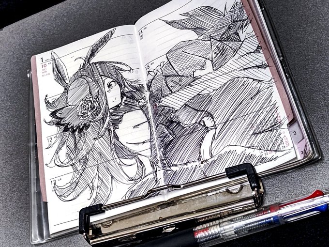 普段持ち歩いてる手帳に、推しのイラストを描いていくのです。
それで仕事の役に立つ訳じゃないけど、ちょっと気分がアガるのでオススメです。 