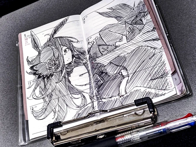 普段持ち歩いてる手帳に、推しのイラストを描いていくのです。
それで仕事の役に立つ訳じゃないけど、ちょっと気分がアガるのでオススメです。 