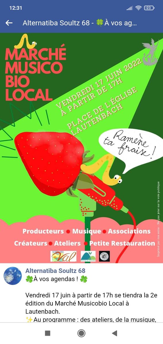 Laetitiablabla's tweet photo. Le 17 juin à partir de 17h à #Lautenbach : 2e édition du marché Musicobio !
Au programme : des stands de producteurs.rices, des ateliers, de la musique, des créateurs.rices et des assos environnementales locales !
Je serai présente au stand d'#Alternatiba Soultz ✌️
#Florival https://t.co/aIXUEijE5V