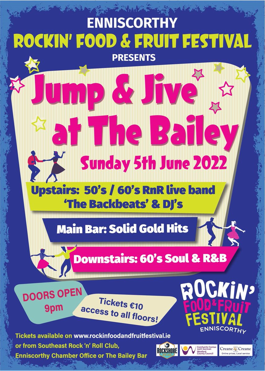 wexfordcoco's tweet image. Lets get Rockin!
The Enniscorthy Rockin' Food &amp;amp; Fruit Festival Fundraising campaign kicks off with a taster session "Jump &amp;amp; Jive in the Bailey" on 5th June with live band &amp;amp; DJ's.  Tickets are €10.00 &amp;amp; can be purchased at rockinfoodandfruitfestival.ie 

@EnniscorthyCham @RockinFoodWex