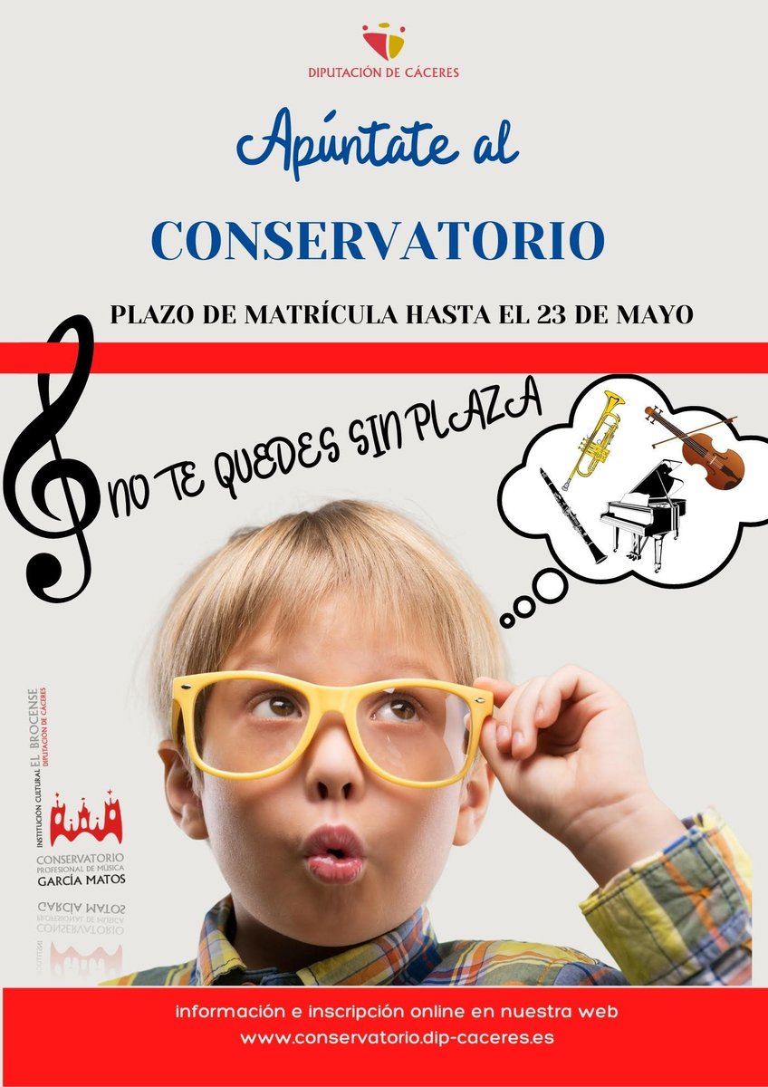 Hasta el día 23 de Mayo, no te quedes sin plaza. 
#Plasencia
#ConservatorioPlasencia
#Música
