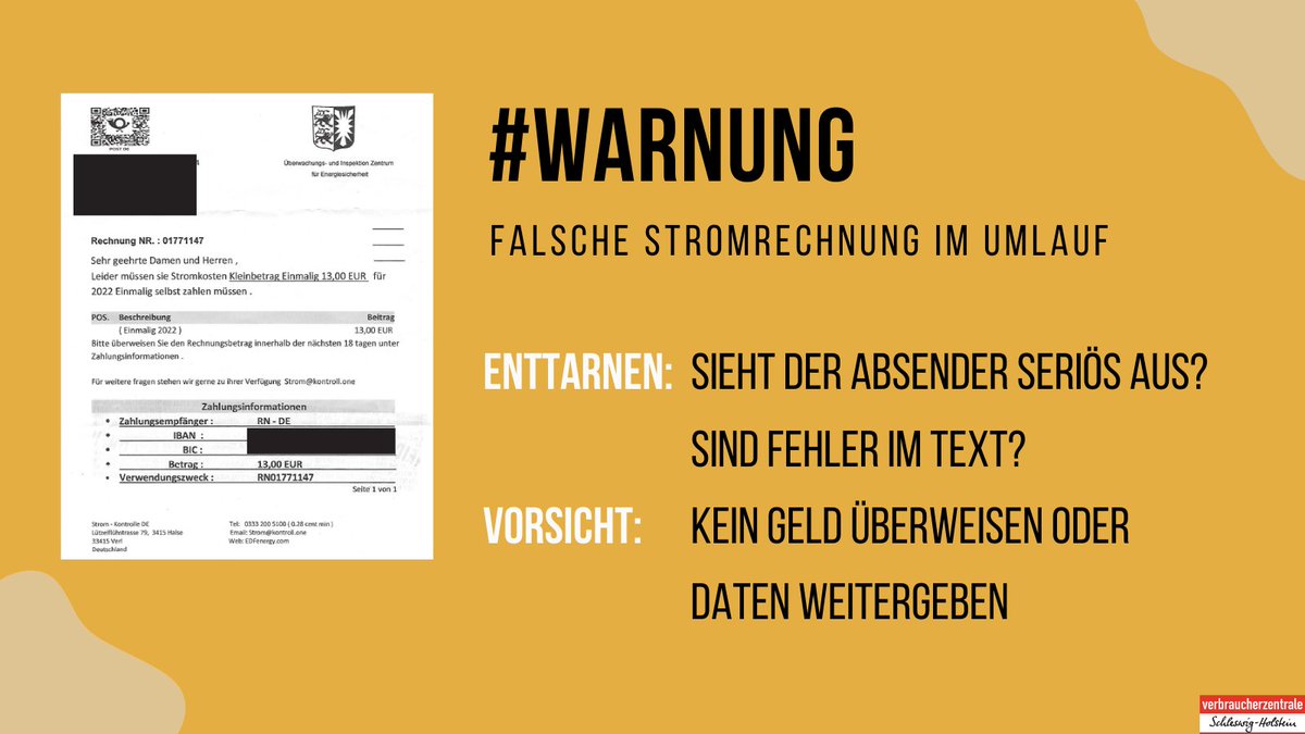 vzsh's tweet photo. Es sind aktuell falsche #Stromrechnungen im Umlauf. #Betrüger versuchen unter einem Vorwand Kasse zu machen und verlangen eine Einmalzahlung für Stromkosten. Die Forderung sieht zwar durch die Aufmachung und Logos seriös aus – ist es aber nicht. #Phishing #Scam #Fake #Strom https://t.co/B4AKFwcWAX