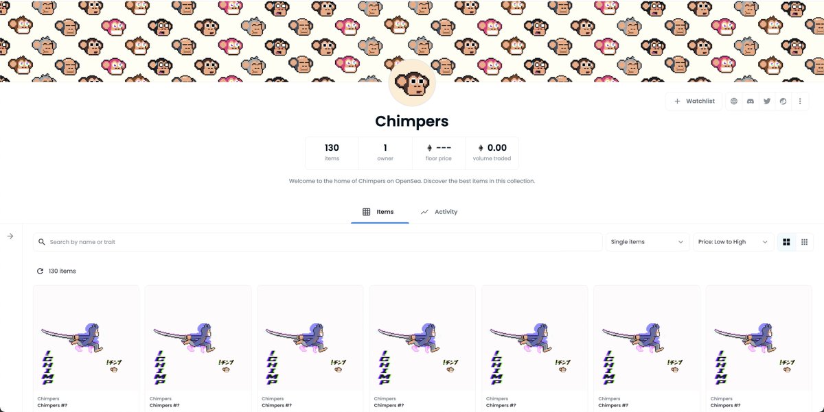 The very first Chimpers (unrevealed) have entered the Chimpverse, kicking off our OpenSea collection. They will be stored in the Chimpers team treasury! 👀

The big day awaits tomorrow, be ready to !CHIMP. This is just the beginning of our adventure! 🙉‼️
opensea.io/collection/chi…