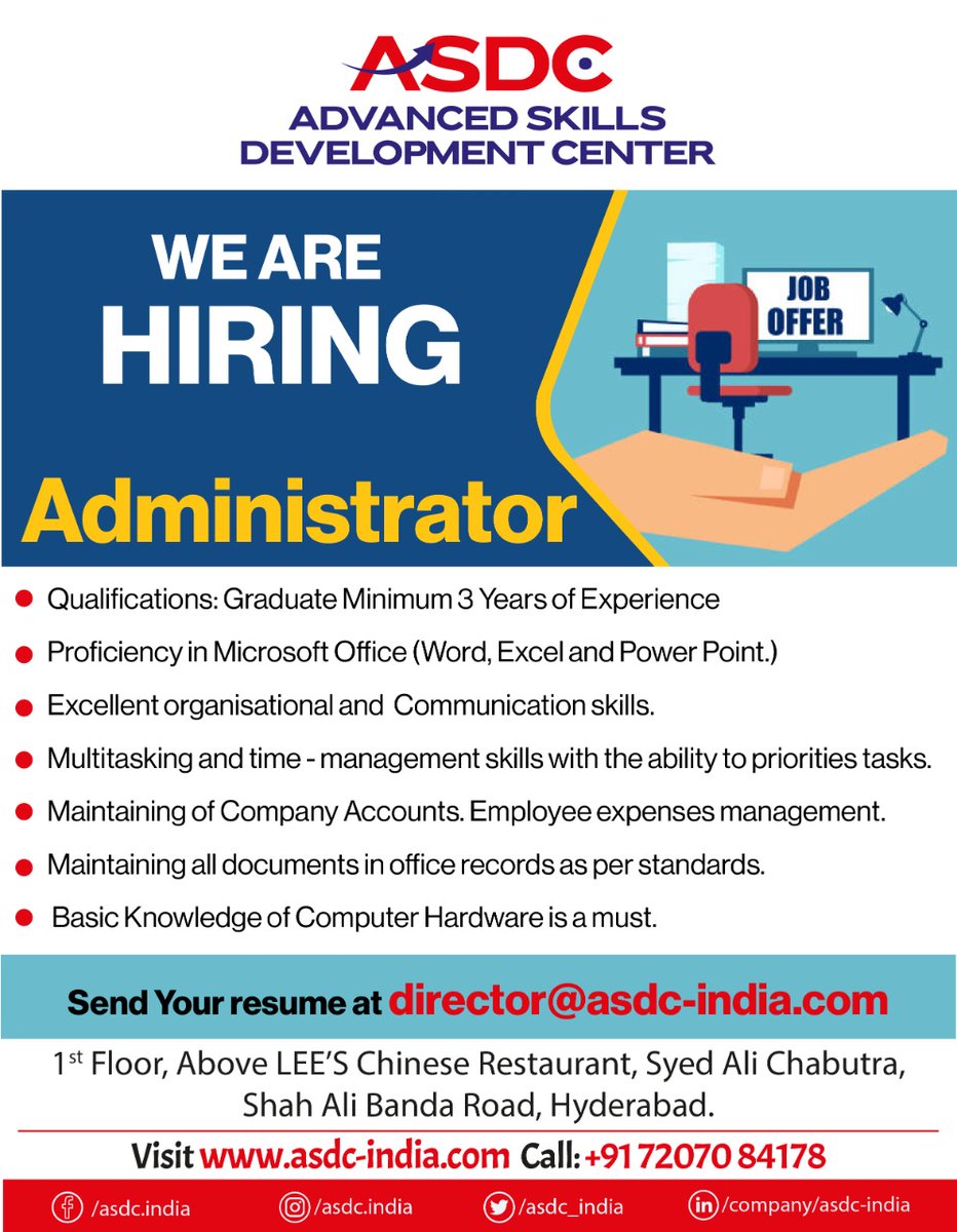 asdc_india's tweet photo. Good News for #JobSeekers, We are #Hiring
Administrator
Apply Now director@asdc-india.com
#admin #administrator #hiring #jobs #jobsearch #recruitment #job #nowhiring #recruiting #career #employment #careers #hiringnow #jobopportunity #vacancy #jobseekers #resume #jobopening https://t.co/UiVzE6Hi6M