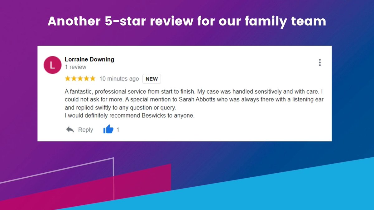BeswicksLegal's tweet photo. Another great review for our brilliant family team with a special mention for @SarahAbbotts1 😊 https://t.co/0tXHYyXXoB https://t.co/JGbUKXyggC