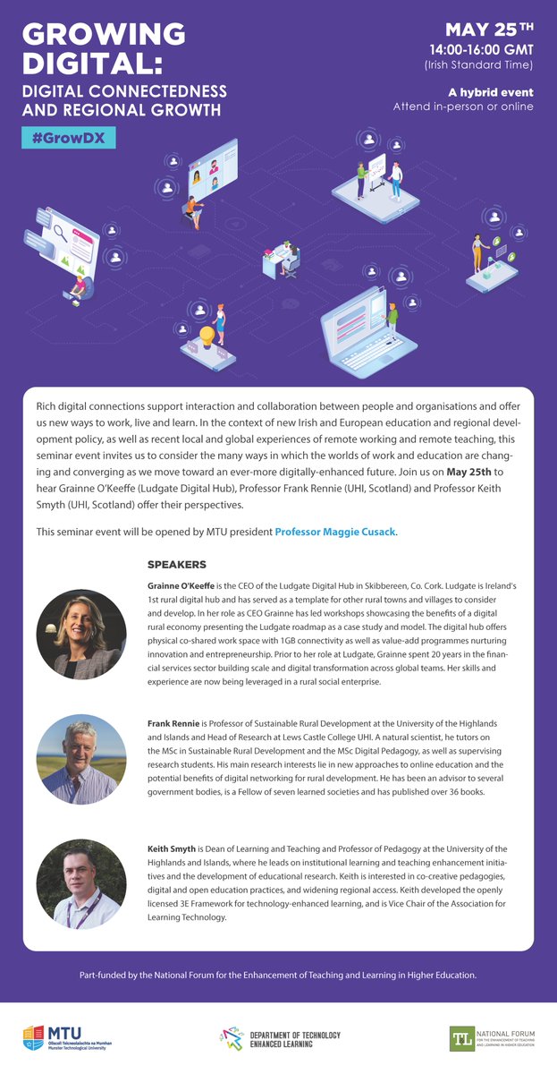 MTU_TEL_Team's tweet photo. Tomorrow from 2-4pm GMT we will be joined by 3 speakers to share their perspectives on the theme of digital connectedness and regional growth.

For more info and to register for this hybrid event, visit https://t.co/G50GjDRb6F

#GrowDX https://t.co/TupEotCS9d