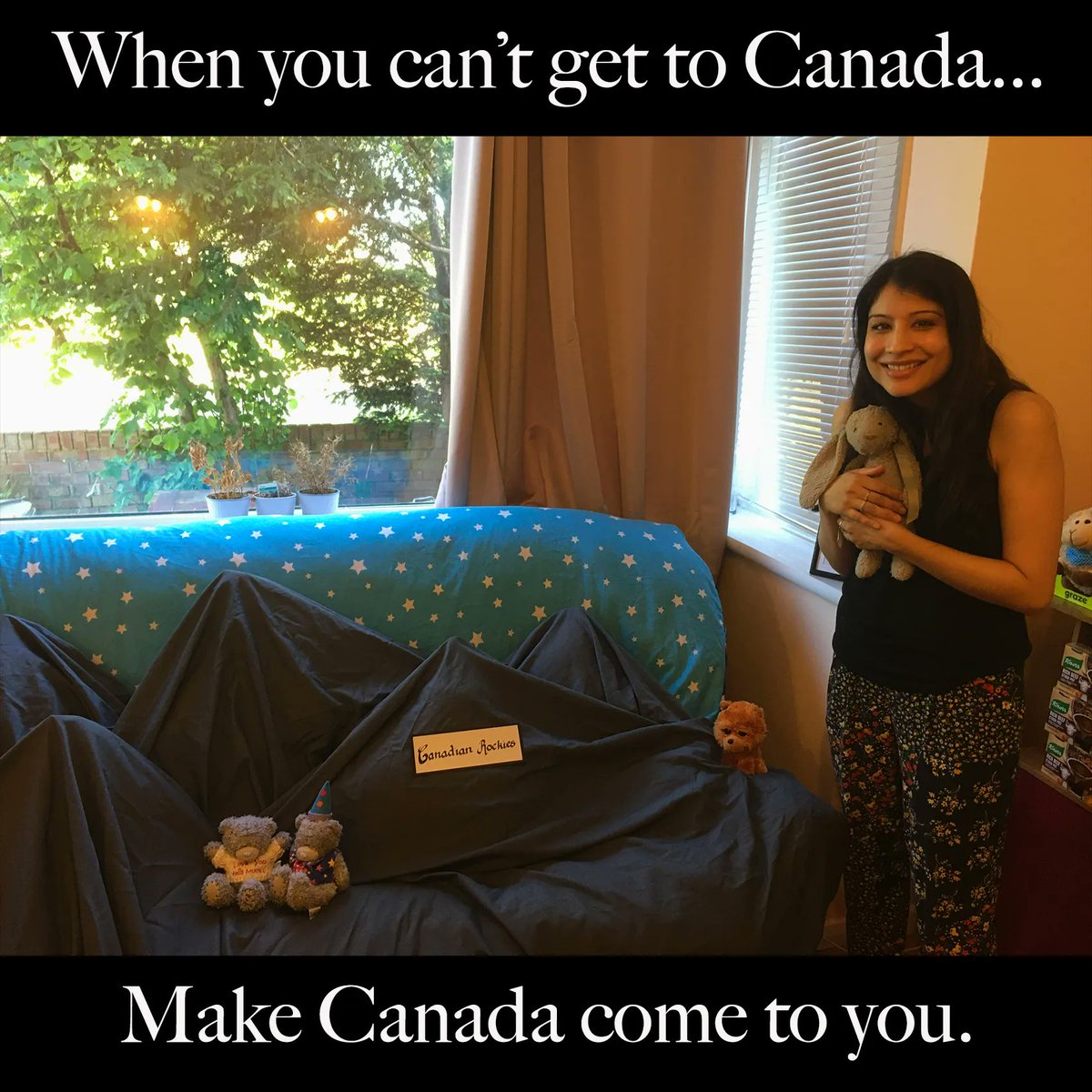 Tomorrow_Bird's tweet photo. Remembering when we couldn't go to Canada due to the pandemic, so Jen turned our lounge into Canada instead!
Here she is standing by the rocky mountains...😅
#canadavisit #homemadeholiday https://t.co/Q8s6zFTGuO