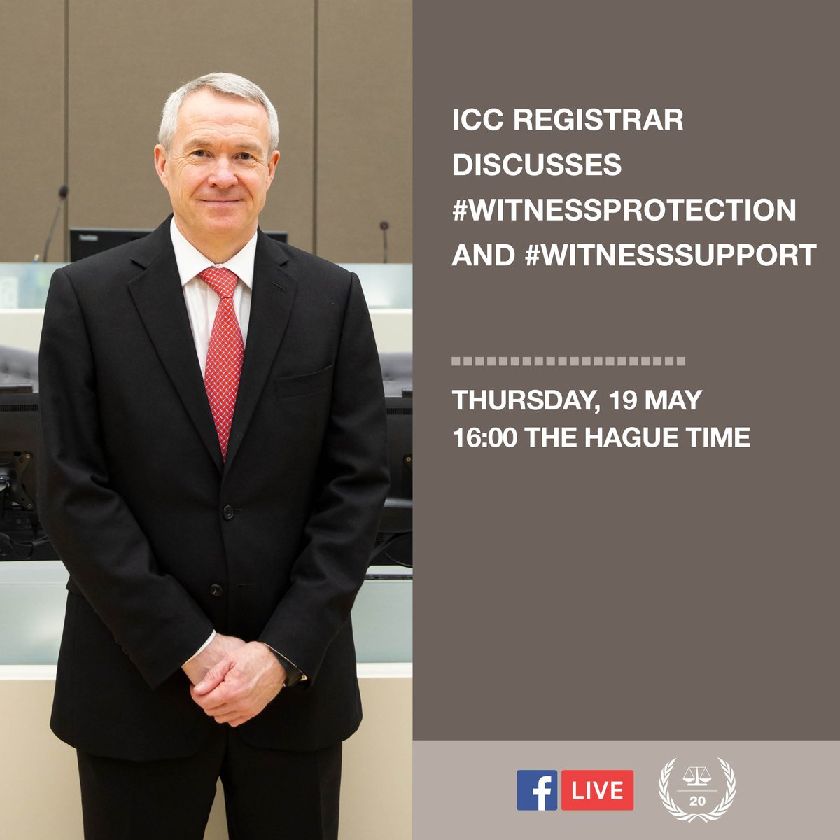 IntlCrimCourt's tweet image. 📢 Today at 16:00 (The Hague time): the #ICC Registrar discusses #WitnessProtection and #WitnessSupport  
🎥 Watch Live on Facebook page ➡️ facebook.com/InternationalC…
#MoreJustWorld