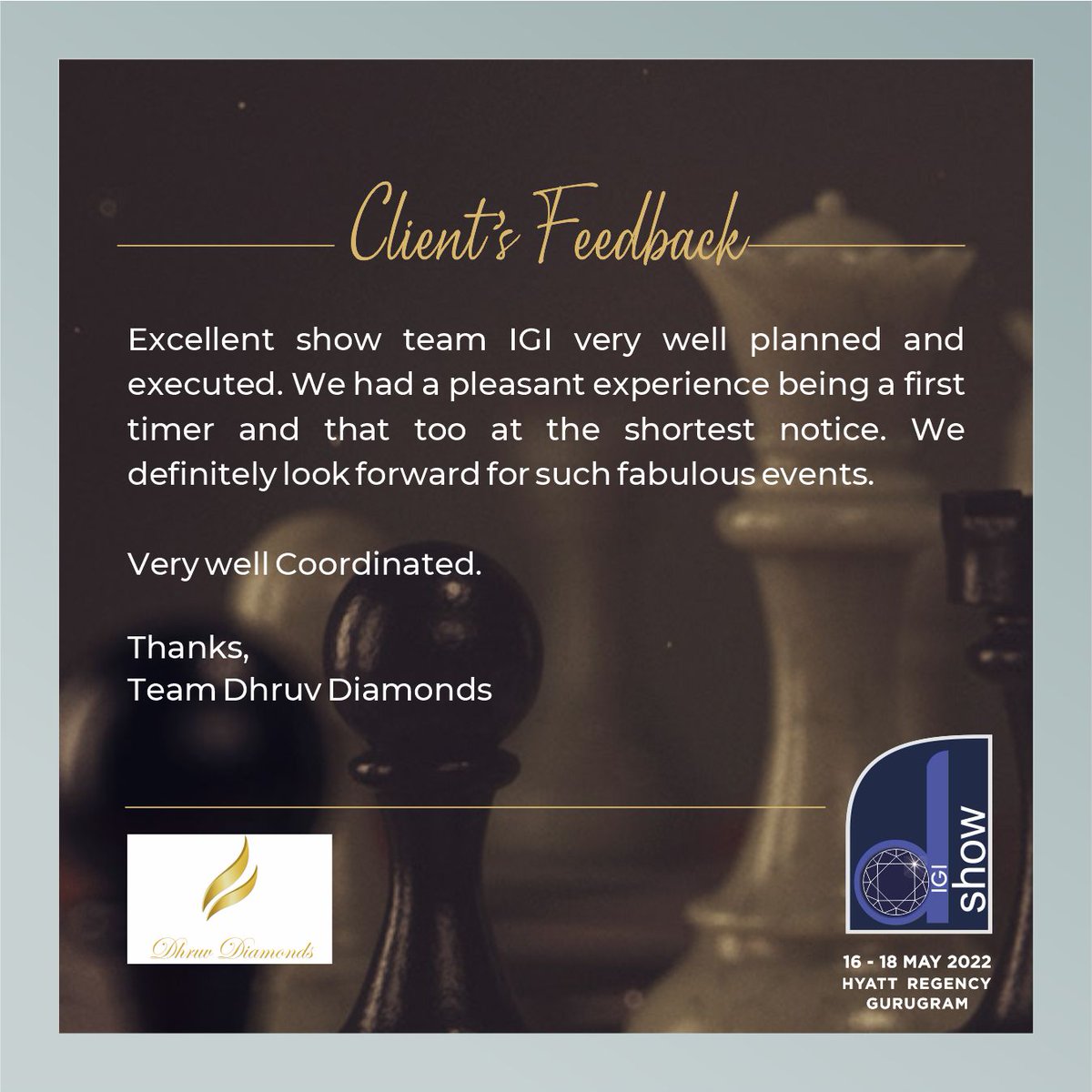 igiworldwide's tweet photo. Thank you for your kind words! Hope to see you at the next one soon.
#igidshow #testimonial #customerreview #clientfeedback #clientdiaries #igi #igicertified #igicertifieddiamonds #diamondjewelry #hyatt #gurugram #diamondshow #business #businessmeet #feedback https://t.co/Ii0Vee6yI3
