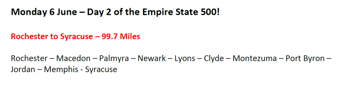 UKRedSFS's tweet photo. Anybody for a nice Sunday bike ride? Just 85 miles today. The team will be enjoying the sights along the way, finishing in the beautiful city of Rochester. Rochester is also known the Flour city. 
https://t.co/Xjglfue6wR
#Empire500 #RLcares #UKred https://t.co/PbtwL3p4mw