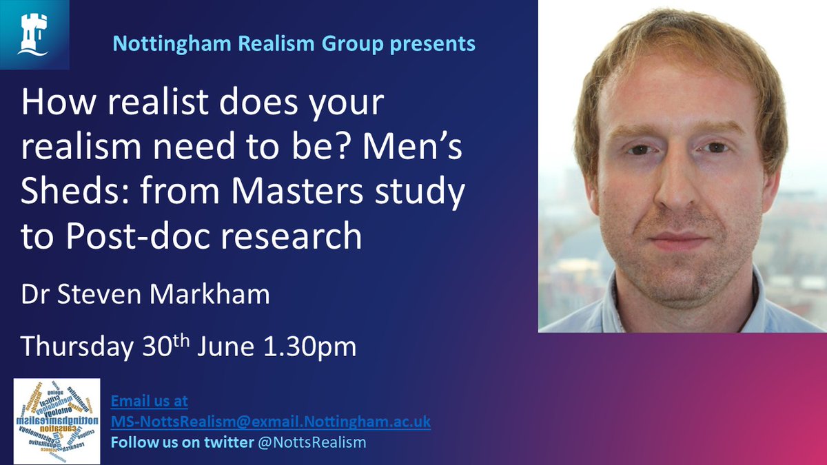 We are really looking forward to @SMarkham9 joining us on 30th June 1.30pm to discuss how realist research progresses from Masters level study through to post doctoral research using his experiences studying Men's Sheds. Sign up here eventbrite.co.uk/e/how-realist-…