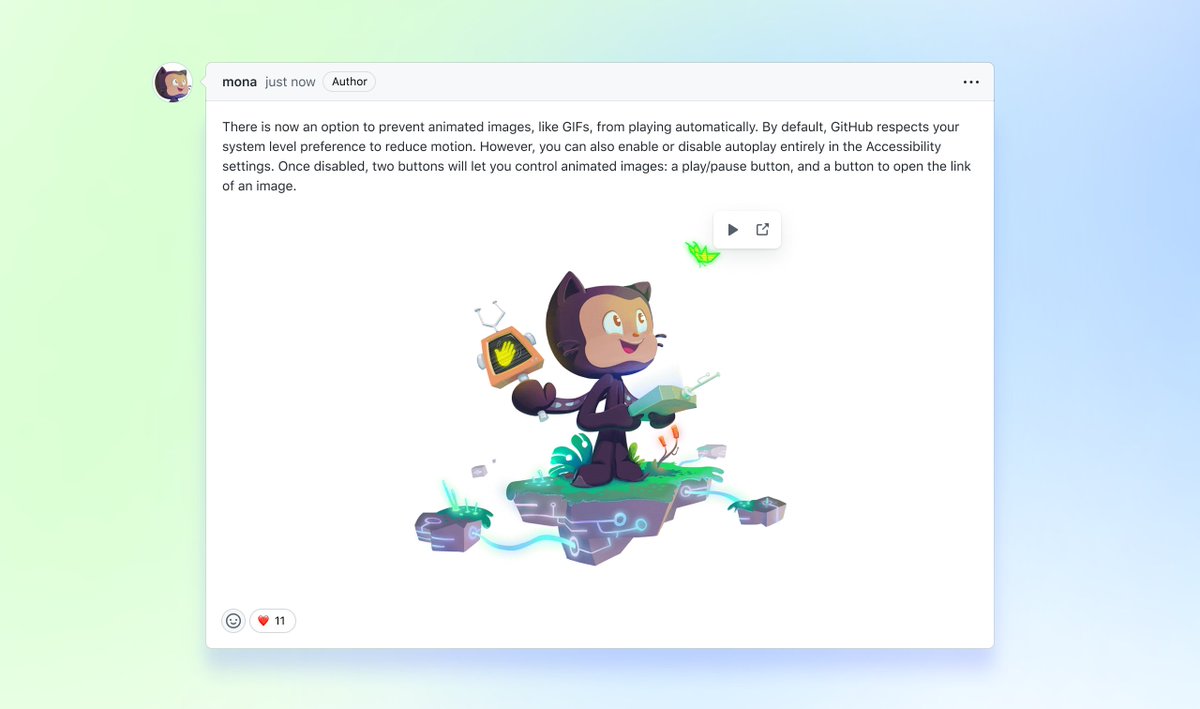 dipreecom's tweet photo. Just in time for the Global Accessibility Awareness Day we shipped a setting that allows to disable the autoplay of animated images on GitHub. We wrap the image in a keyboard- and screenreader-navigation-friendly player, which supports play/pause and to open potential links #gaad https://t.co/QsO5W3kcoH