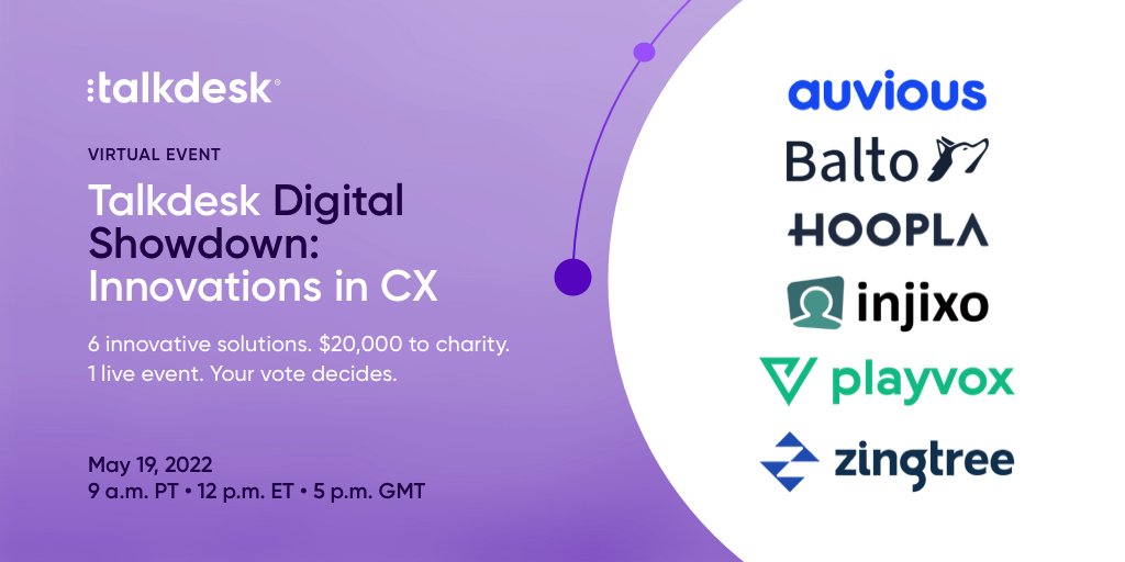 Talkdesk's tweet photo. Today's the day! Talkdesk #CXDigitalShowdown is starting soon. Have you saved your spot? Watch auvious, @balto_ai, @hooplasoftware, @injixo, @playvoxcx, and @zingtree pitch their solutions for a chance to donate $10,000 to charity: https://t.co/SkjzVjLJNF #CXpartners #CX https://t.co/IWzj2qN0Dc