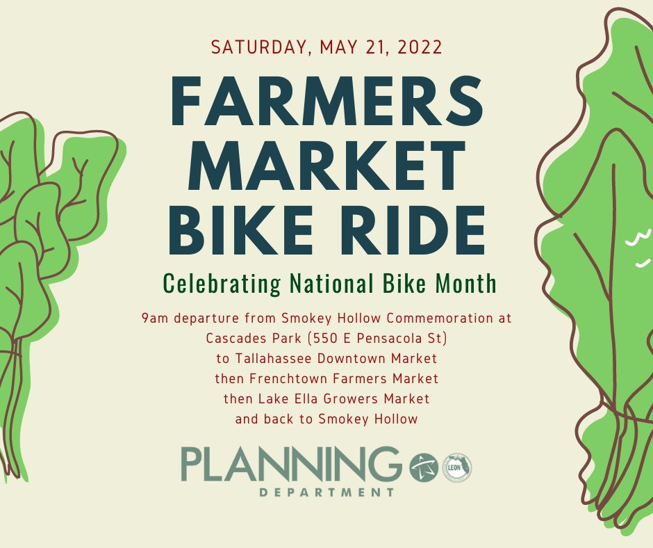 CityofTLH's tweet photo. If your bike has a basket, you are ready to take off on the Farmers Market Ride this Saturday! Gather at 9am at the Smokey Hollow Commemoration and enjoy farmers markets in downtown, Frenchtown and Lake Ella. #BikeTLH https://t.co/2mvzos4Hs5