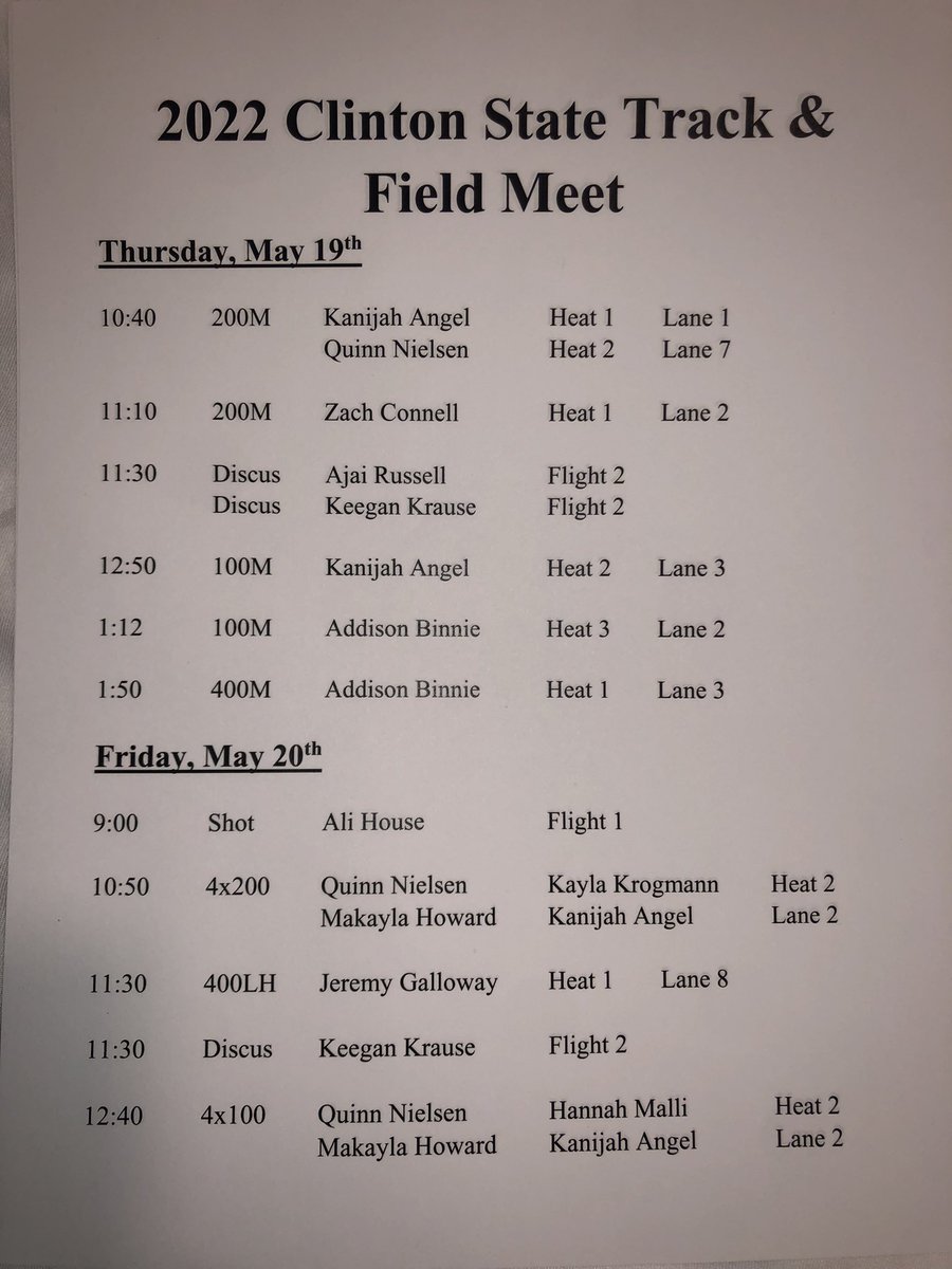 Here are all today’s times and events for your River Kings and Queens Track and Field athletes. Free stream: ihssn.com