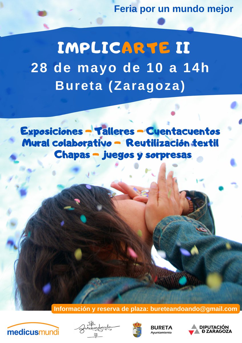 medicusmundinam's tweet photo. ARAGÓN | ¡El 28 de mayo celebramos la segunda edición de la feria #ImplicARTE en Bureta!

¡Actividades para divertirse y reflexionar!

🔹Apunta a tus peques de 6 a 12 años 
🔸Menores de 6 acompañados de adulta/o 
✏️bureteandoando@gmail.com #bureteandoando #AytoBureta @DPZaragoza https://t.co/yUDSoatUzb