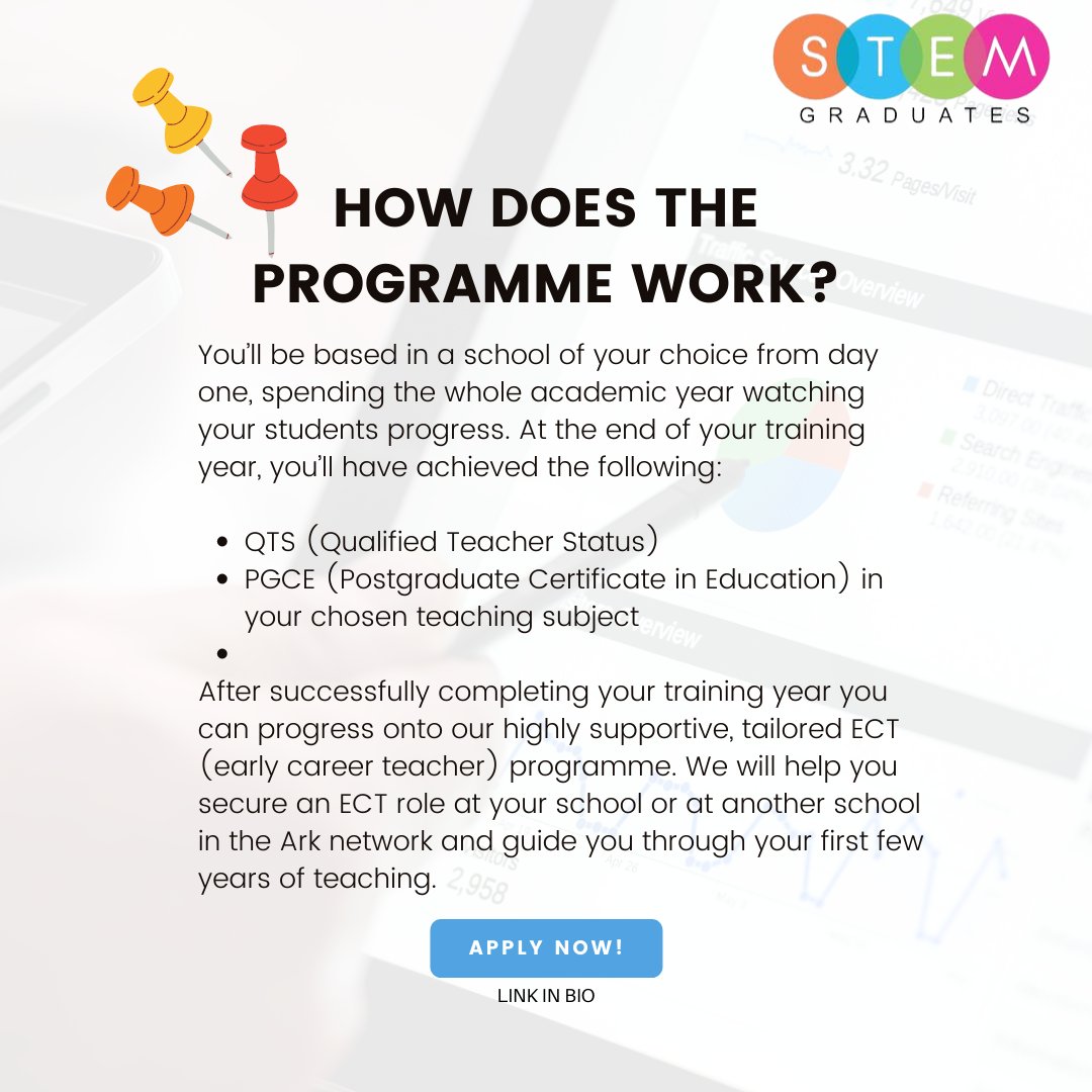 Do you want to work with an OUTSTANDING teacher training programme as a STEM Trainee Teacher?

You'll be trained in a school of your choice in any of the available regions and will finish the programme with a QTS and a PGCE.

Find out more and apply here: linktr.ee/STEMGraduates
