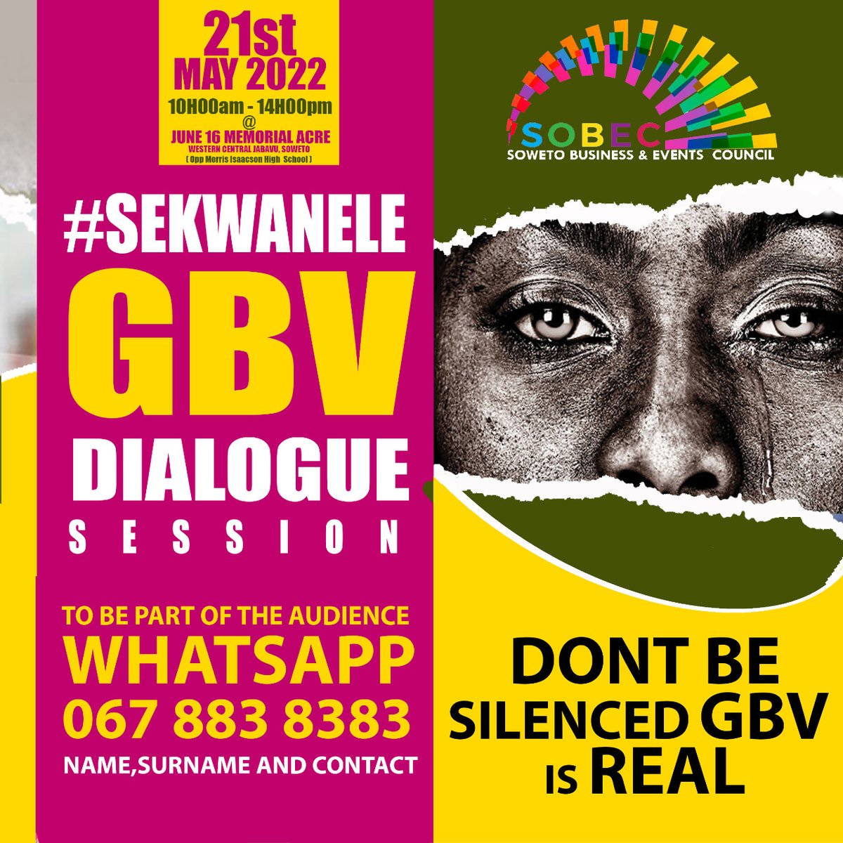 sobec_sa's tweet photo. Do not miss out on this life changing dialogue.@Powa @DiskiVoice @TMPDSafety @CityofJoburgZA #tamia #flag #bonang @LamiezHolworthy @Radio2000_ZA @Powerfm987 @Connie_Ferguson @SoulCity_SA @AdvoBarryRoux @Nothand18059194 @Simphiwe_Dludlu @RiaadMoosa https://t.co/BmQM9FctGa