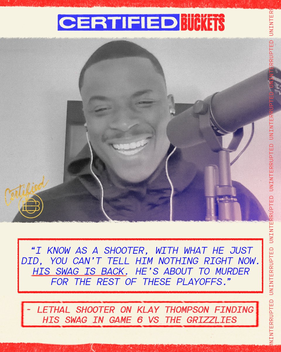 CertifiedBckts's tweet photo. On a new episode of Certified Buckets, @LethalShooter__  predicts @KlayThompson will kill it the rest of the playoffs 🔥

FULL EPISODE 🎧:
https://t.co/FOQOltV7Ap https://t.co/ZR7odX5VXG