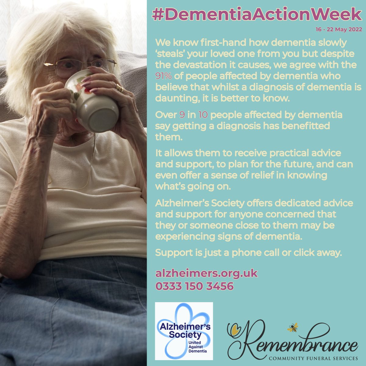 RemembranceGLTD's tweet photo. We encourage those who are concerned they or a loved one may be experiencing signs of #dementia to contact the @alzheimerssoc for #support and guidance. 

TEL: 0333 150 3456

https://t.co/1wn3UDb1Zy

#DementiaActionWeek #DementiaAwarenessWeek https://t.co/KRhpMb7f1e