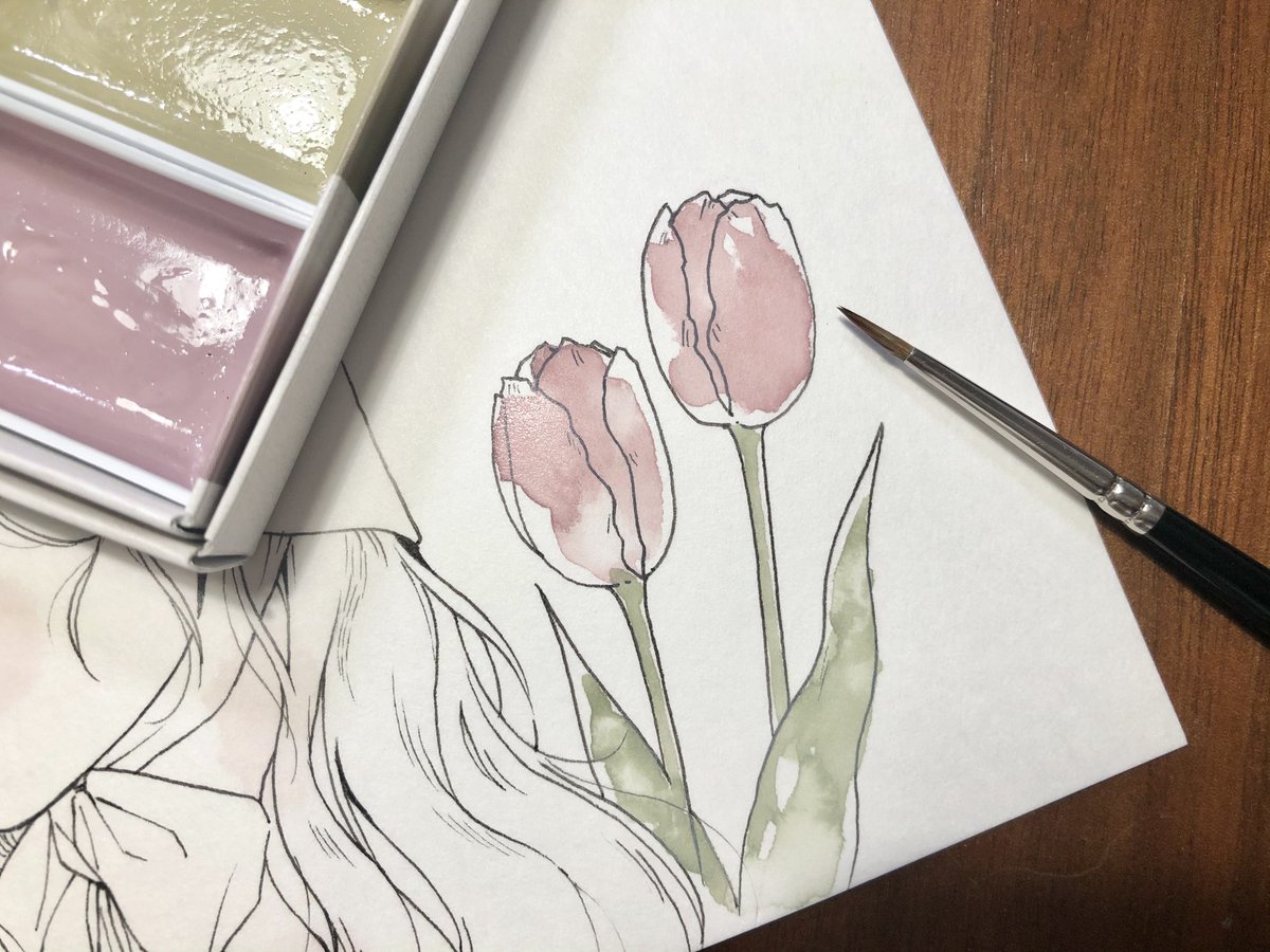 flower 1girl traditional media pink flower solo tulip long hair pencil  illustration images