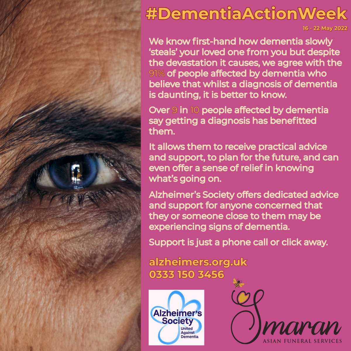 SmaranFuneral's tweet photo. We encourage those who are concerned they or a loved one may be experiencing signs of #dementia to contact the @alzheimerssoc for #support and guidance. 

TEL: 0333 150 3456

https://t.co/3Py0O5DIyP

#DementiaActionWeek #DementiaAwarenessWeek https://t.co/nQEWzgu4sk