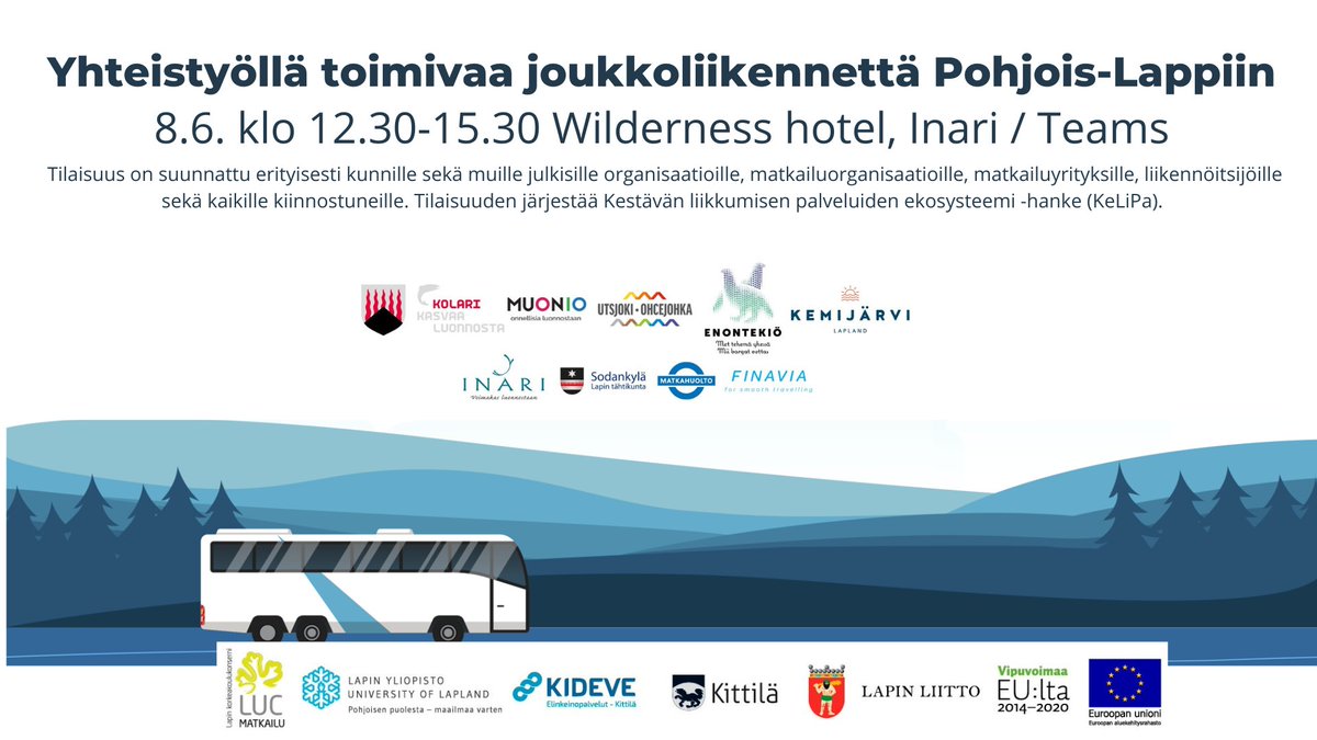 Lämpimästi tervetuloa ''Yhteistyöllä toimivaa joukkoliikennettä Pohjois-Lappiin'' -työpajaan keskiviikkona 8.6. keskustelemaan kestävästä liikkumisesta ja Pohjois-Lapin joukkoliikenteen tilasta!

Ilmoittaudu mukaan tästä: lyyti.fi/reg/pohjoislap…

#kestäväliikkuminen #KeLiPa