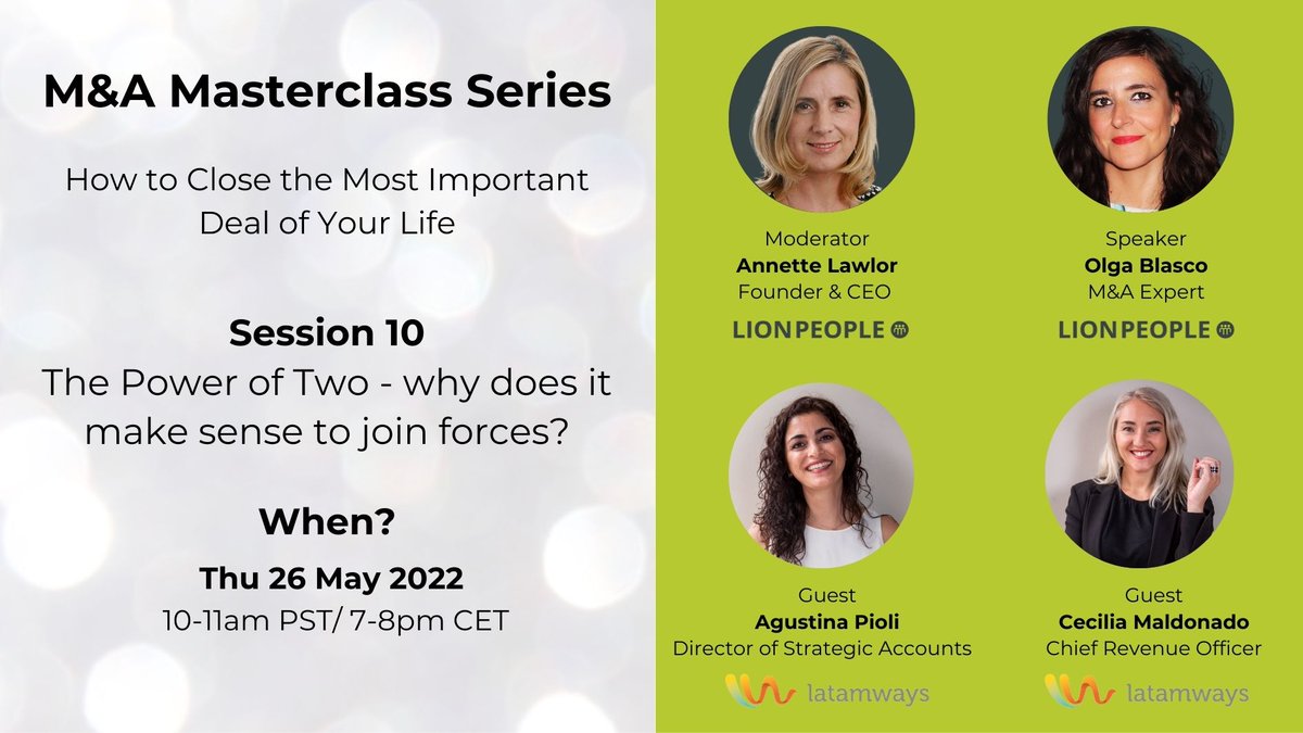 One week is left to register for the M&amp;A Masterclass Session 10!

The Power of Two - why does it make sense to join forces?

If you haven't registered yet, you can do it here: zcu.io/8UIy 

See you next week 👋  
#masterclass #merger #strongertogether