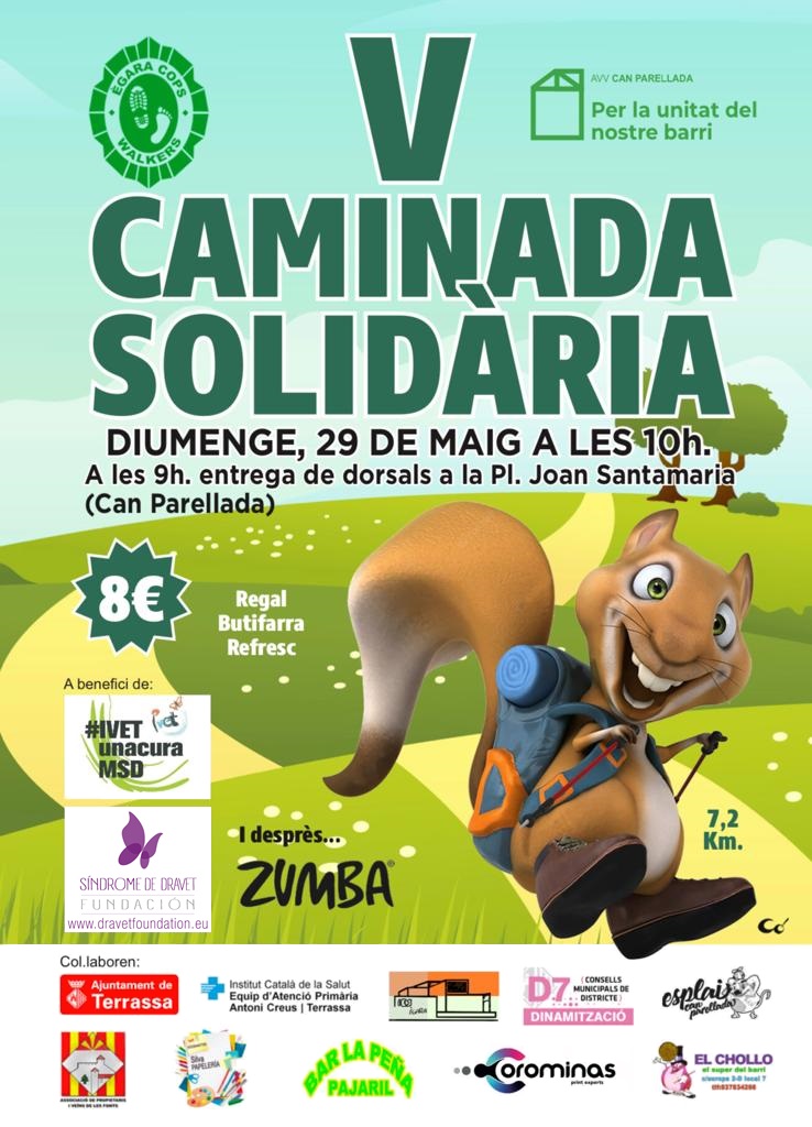 Te esperamos el domingo 29 de mayo en la V Caminata Solidaria en Can Parellada (Terrassa), organizada por <a href="/egaracops/">Ègara Cops Walkers</a> y cuya recaudación será para la Fundación Síndrome de Dravet junto a otra organización sin ánimo de lucro💜

Correo a egaracops@gmail.com para inscripciones.