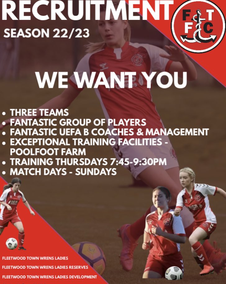 RECRUITMENT 22/23 Season⚽️

We have open trails coming up next month &amp; we want you🫵

Looking for a new challenge?
Returning to football? 
Wanting a change? 

Come on down, all welcome👏

Please submit the form below to register your interest👇

forms.gle/NAPqALFn5KL7sX…