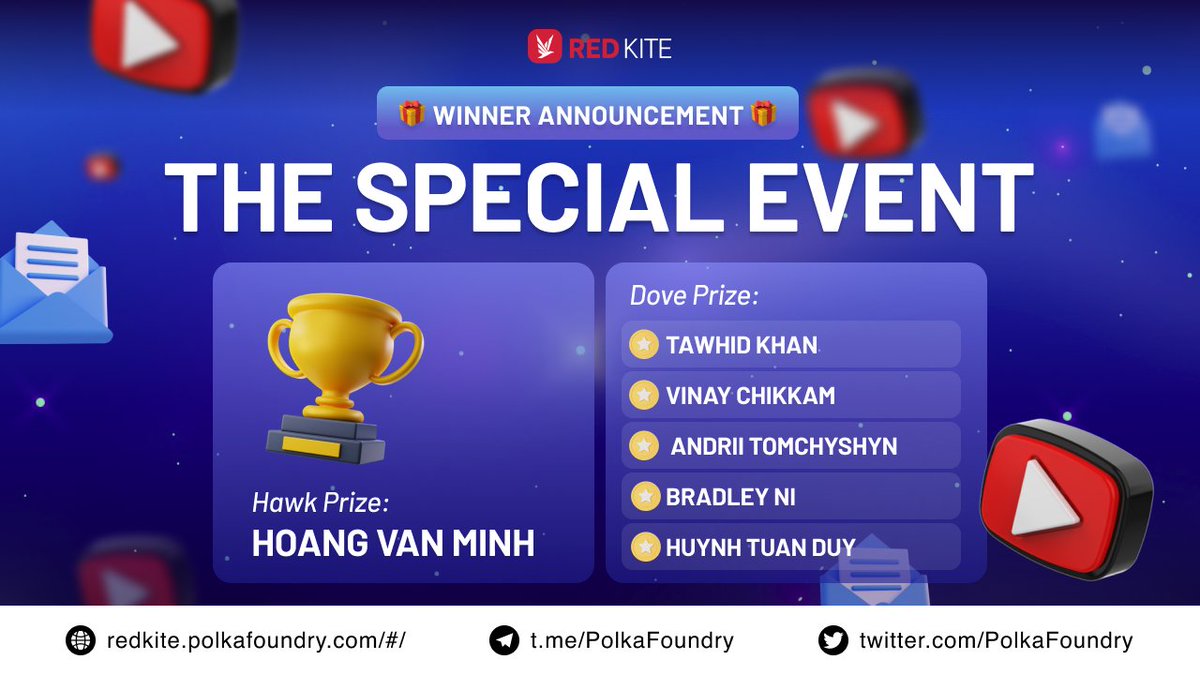 🔊 SHOUT OUT TO #REDKITE EVENT WINNERS 🔊

Hey yo!!! 🎊

Here are the lucky winners who joined in Red Kite’s 1st Anniversary Event 🤩

Check out your names in the picture! 👀
📲DM your wallets to @heidi179 on telegram in 48 hours to get your prize!
Congratulations! 🎉🎉

$PKF