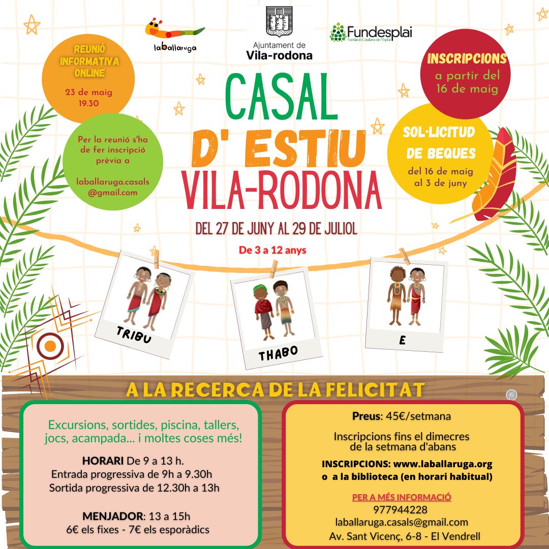 📢S'apropa 💦l'estiu i ja estem preparant el casal d'estiu. Per això, farem una reunió informativa:
📆Dilluns, 23 de maig
📍En línia
🕐19.30h
👍Per participar-hi, cal enviar un 📧 a: laballaruga.casals@gmailcom
#vilarodona #fempoble #altcamp #casalestiu
<a href="/LaBallaruga/">La Ballaruga</a>