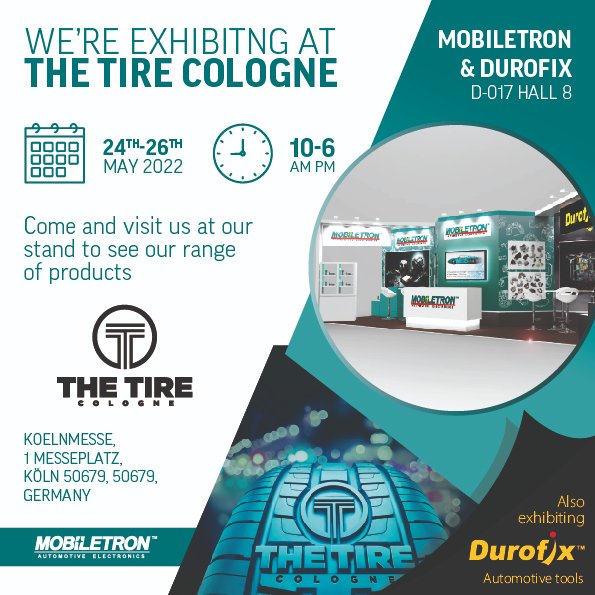 MobiletronUK's tweet photo. Come join us at Tire Cologne to find out more about our wide range of TPMS devices. 

BT programming pad and smart phone app. 

Find out more about our Tesla OE TPMS replacement.  

If you can't make it, drop us a message or give us a call, 
sales@mobiletron.co.uk //01772 693780 https://t.co/B9FvyjNgkO