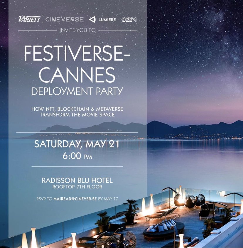 beemxyz's tweet photo. 👋 We see you Cannes and can’t wait to bring the future of film to the best rooftop in town this Saturday. Final RSVPS are due today ✅

Announcement coming soon for all our friends around the globe who want to join us live on Beem for #festiversecannes2022 ⚡️ https://t.co/bdlYmIexcq
